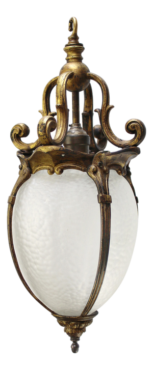 French Art Nouveau Brass and Etched Glass Lantern Pendant Light, 1920s