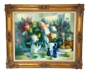 Vintage Still Life With Flowers Oil Painting by Manuel Cuberos