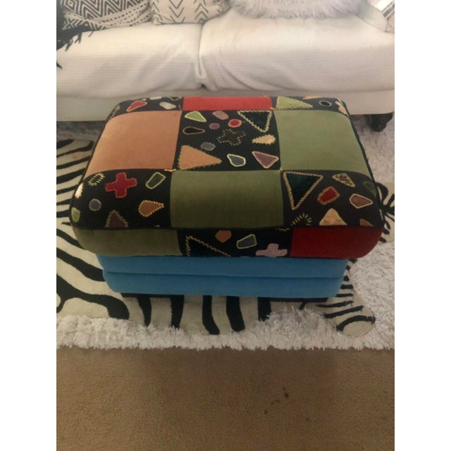 Abstract Vintage Multi Colored Upholstered Ottoman For Sale - Image 3 of 11