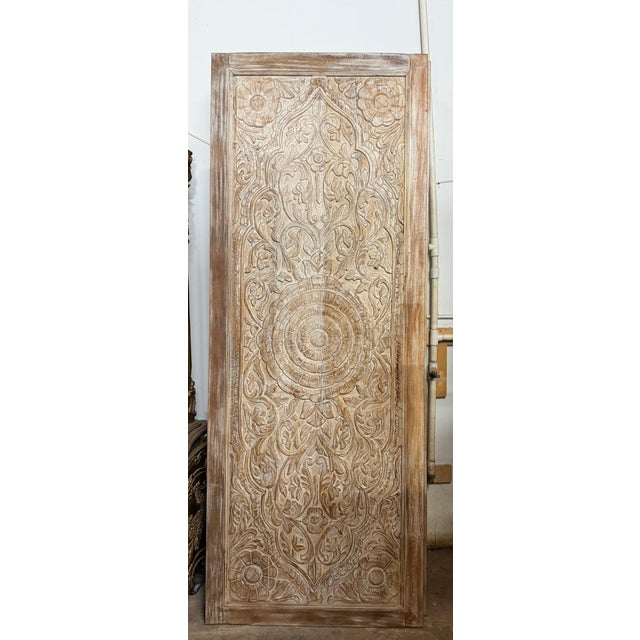 Vintage Lotus Carved Double-Sided Wooden Door – Hand-Carved Sliding Bedroom Barn Door 96x36 For Sale In Orlando - Image 6 of 7