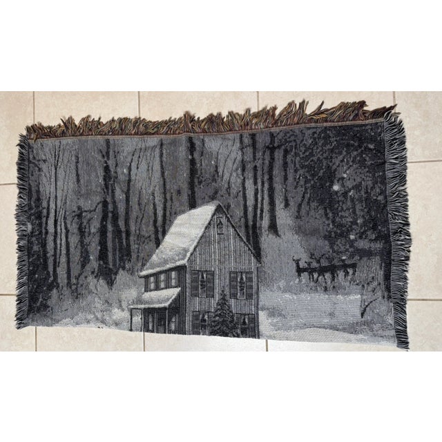 Textile Vintage Winter Reindeer & Sleigh Woven Tapestry Throw With Fringe For Sale - Image 7 of 15