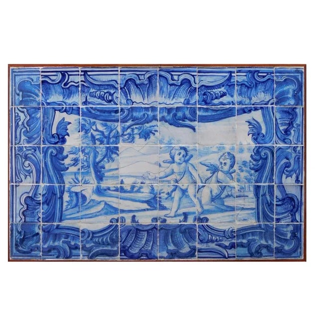18th Century Portuguese Tiles Panel with Playing Angels Decor, Set of 40 For Sale - Image 4 of 5