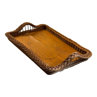 1960s Mid Century Modern Woven Rattan and Solid Wood Serving Tray For Sale