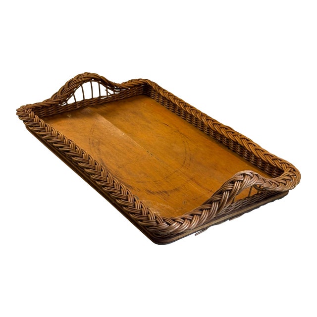 1960s Mid Century Modern Woven Rattan and Solid Wood Serving Tray For Sale