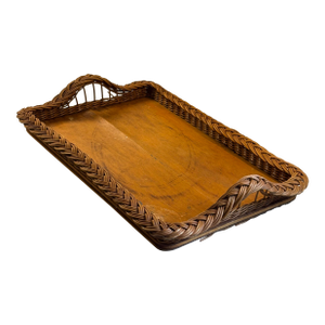 1960s Mid Century Modern Woven Rattan and Solid Wood Serving Tray