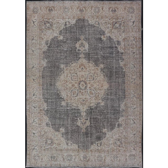 Mid 20th Century Distressed Turkish Carpet With Medallion Design in Dark Gray, Lt. Brown & Cream For Sale - Image 12 of 12