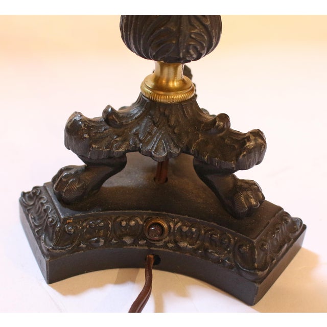Mid-20th Century French Tole Shaded Cast Iron & Brass Table Lamp For Sale In Raleigh - Image 6 of 11