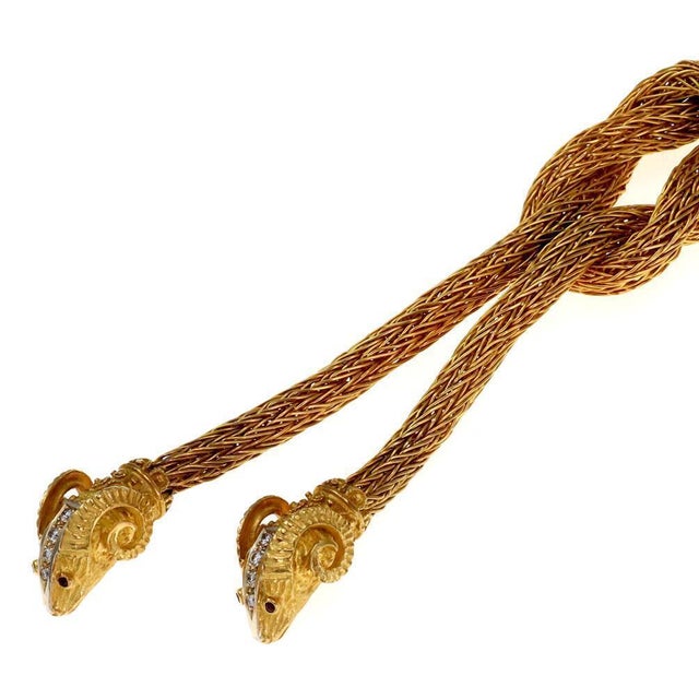 Contemporary Estate Diamond Ruby 18k Gold 2 Ram Head Pendant Weave Necklace 132g For Sale - Image 3 of 7
