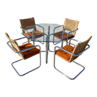 Vintage Chromcraft Chrome and Woven Five-Piece Dining Set, Mid-Century Modern, Mid-Century, Coastal, Glass For Sale
