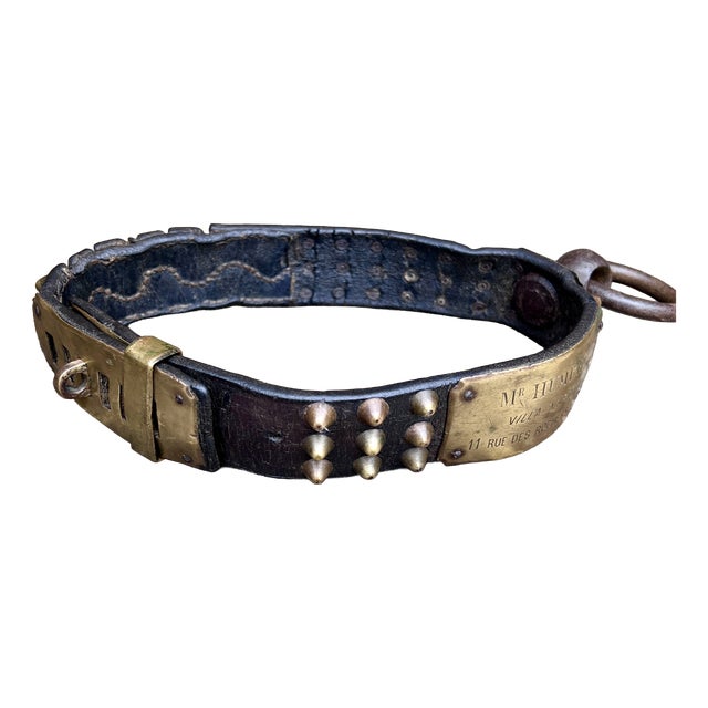 French Studded Leather Dog Collar with Brass Nameplate, 19th Century For Sale