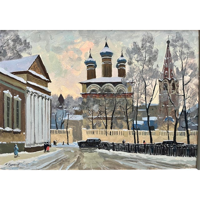 Offered is a vintage circa 1970s original oil painting on board by artist Alexander Kurasov, depicting a charming winter...