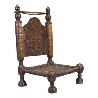 Early 20th Century Handmade Low Cedar Chair, Nuristan, 1890s For Sale