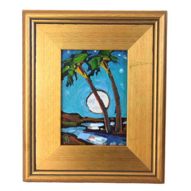 2020s William Hawkins Palm Trees & Moon Landscape Painting Including the Antiqued Gold Wood Frame For Sale - Image 5 of 5