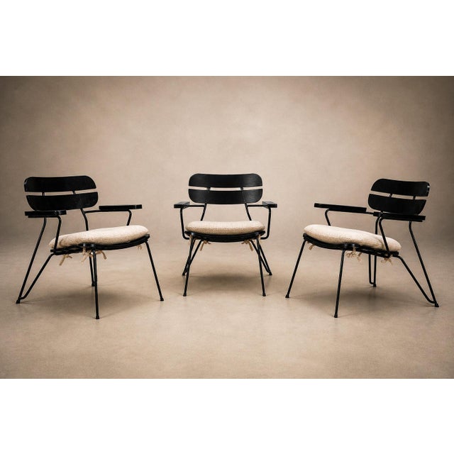 Three Armchairs in Ebonized Wood & Metal With Loose Cushion, Carlo Hauner, 1950s For Sale - Image 10 of 18