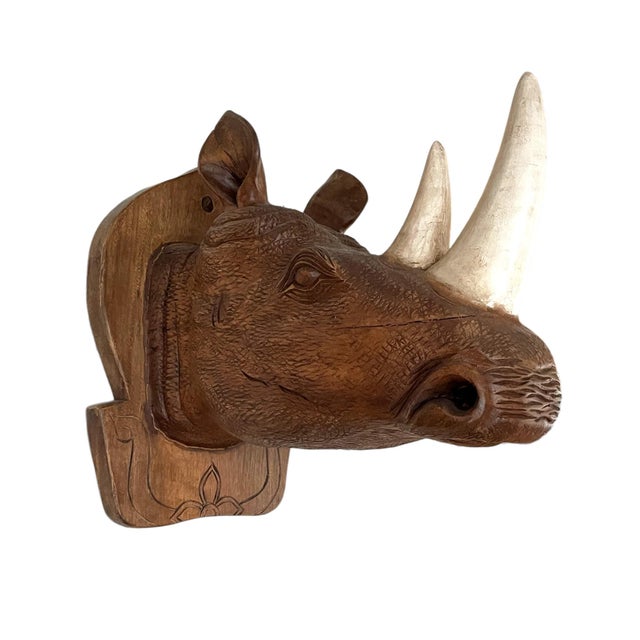 Large Hand Carved Wood Rhinoceros Head Wall Hanging with wonderful detail.