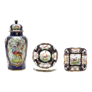 Seven Piece Garniture of Antique English “Chelsea Bird’ Pattern Porcelain