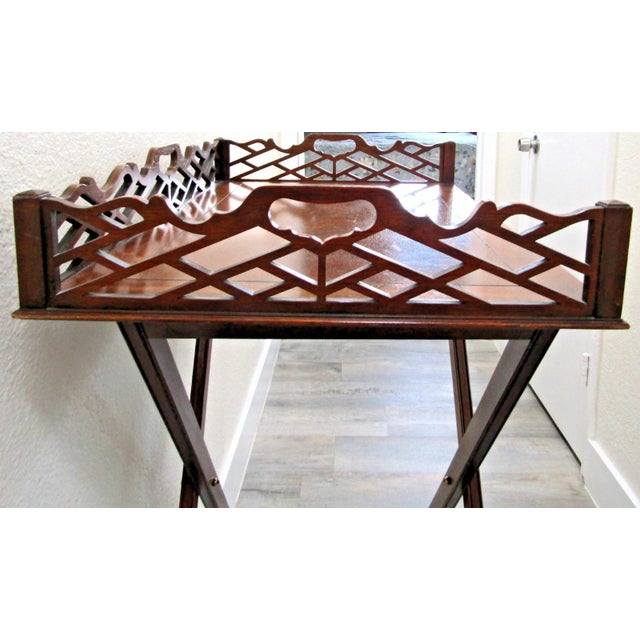 Wood 1920s Antique Pierced Mahogany Baker Furniture Butler Tray and Folding Stand For Sale - Image 7 of 18