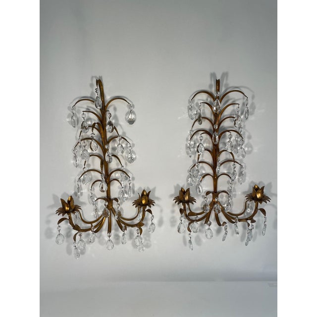 Vintage 19.5" Italian Tole and Crystals Candle Sconces - A Pair For Sale - Image 10 of 17