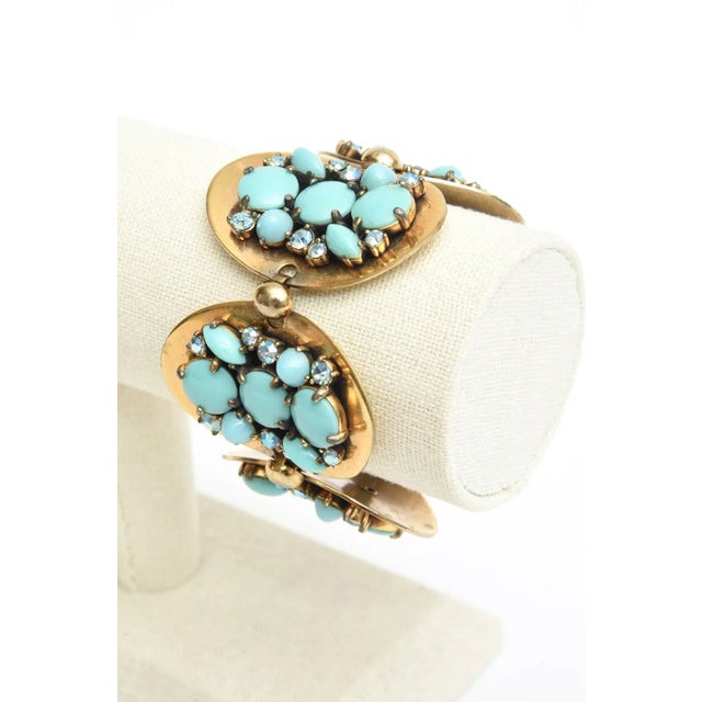 Mid-Century Modern Vintage Elsa Schiaparelli Faux Turquoise, Gold Metal and Rhinestone Cluster Bracelet, 1950's For Sale - Image 3 of 10