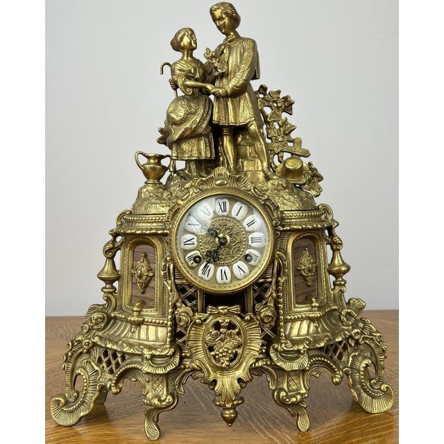 Vintage French Brass Ornate Romantic Couple Mantel Clock For Sale - Image 16 of 16