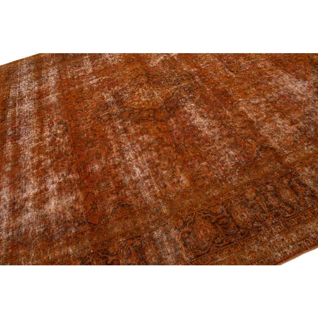 Textile Antique Persian Overdyed Wool Rug in Orange With Floral Design For Sale - Image 7 of 11