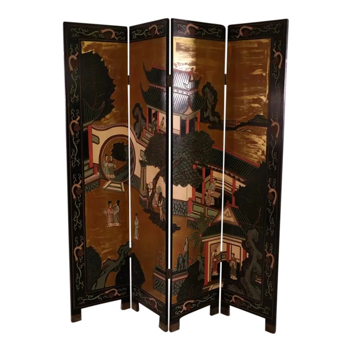 1980s Coromandel Screen Four Panel Asian Lacquered Wood Room