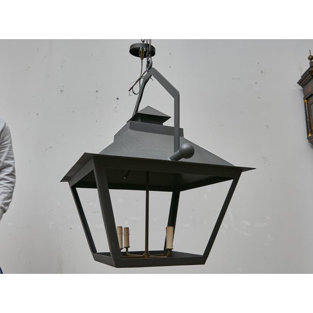 Pair of Large Iron Lanterns with Four Lights and Architectural Design For Sale - Image 4 of 12