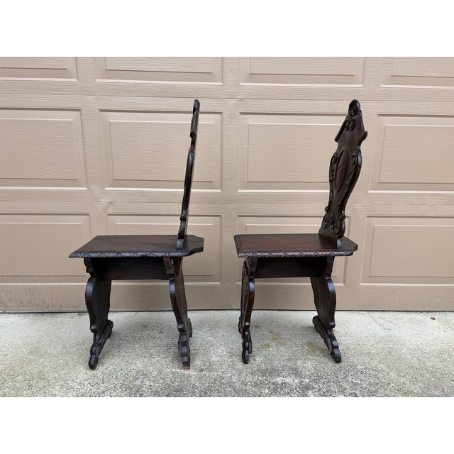 Antique 19th Century Italian Renaissance Hand Carved Walnut Hall Chairs, Pair For Sale - Image 9 of 10