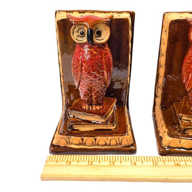 Vintage Ceramic Great Horned Owl Bookends – Red Glaze Sculptural Pair For Sale - Image 14 of 15