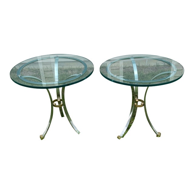 Pair of Vintage French Glass, Steel and Brass Round Side Tables Attributed to Maison Jansen For Sale