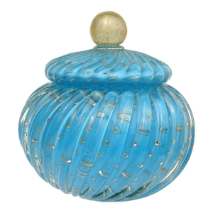 Murano Barbini Vintage Blue Control Bubbles Gold Flecks Italian Art Glass Cookie Jar Container