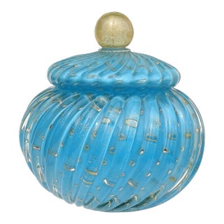Vintage Murano Barbini Blue Control Bubbles Gold Flecks Italian Art Glass Cookie Jar Container For Sale