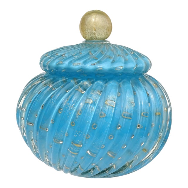 Vintage Murano Barbini Blue Control Bubbles Gold Flecks Italian Art Glass Cookie Jar Container For Sale