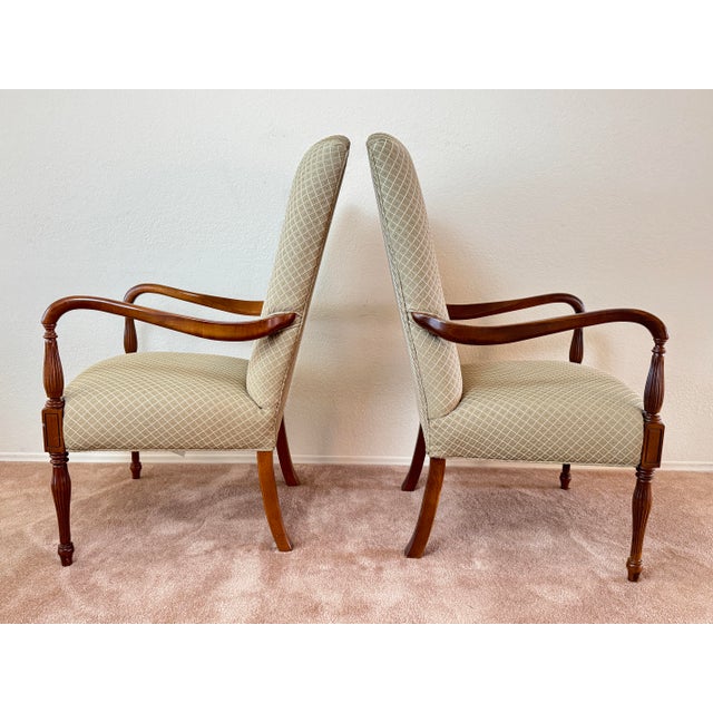 Beautiful and elegant Sam Moore Classic French Wood with Sage fabric Armchairs.