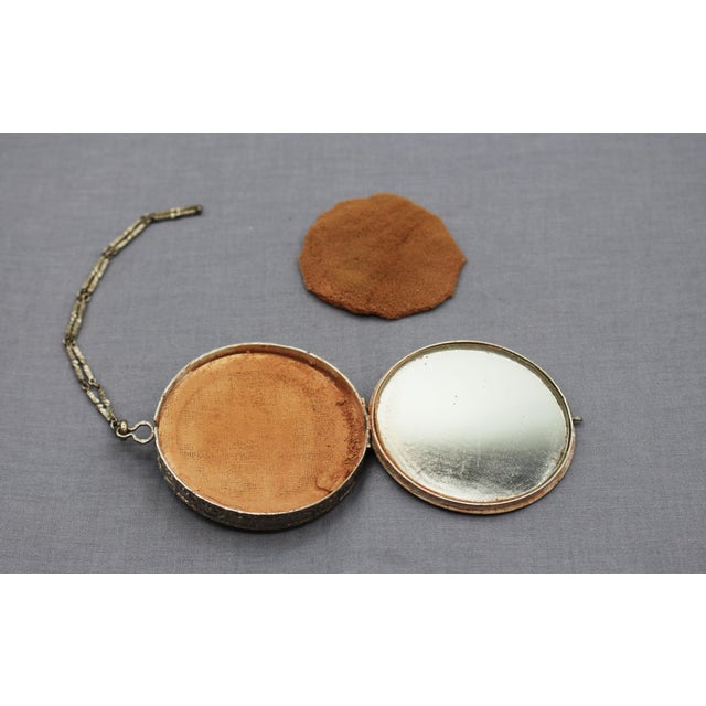 C. 1920s-30s Art Deco Lady's Silver Plate Compact on Wrist Chain For Sale - Image 4 of 8