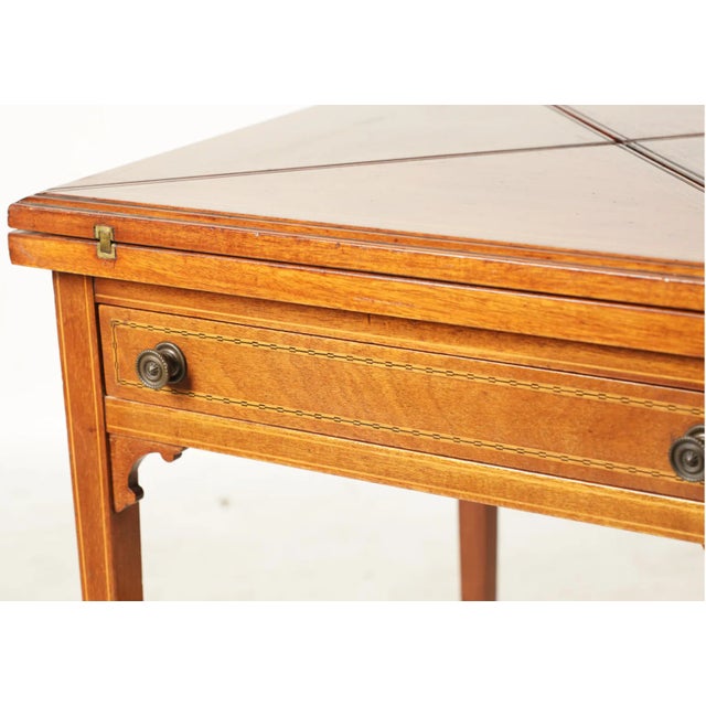 Wood An English Sheraton Mahogany and Satinwood Inlaid Handkerchief Table Early 20th Century, Leather Top From the Estate of Bob Newhart For Sale - Image 7 of 8
