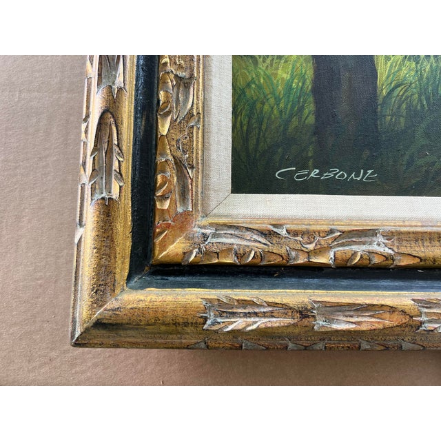 Contemporary Late 20th Century Landscape Oil Painting, Covered Bridge Forest, Contemporary by Cerbone, Framed Carved Wood Linen Mat For Sale - Image 3 of 10