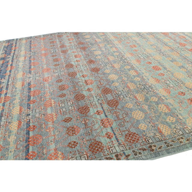 2020s 10x14 Modern Khotan Style Hand-Knotted Wool Area Rug – Teal, Rust & Ochre For Sale - Image 5 of 8