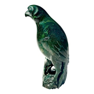 Chinese Hardstone Parrot Sculpture, Green Stone Bird Figure on Scholar Rock Base For Sale