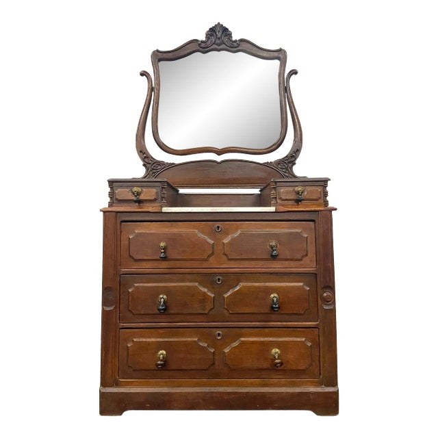 Antique Victorian Walnut and Marble Five Drawer Dresser With Mirror For Sale