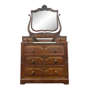 Antique Victorian Walnut and Marble Five Drawer Dresser With Mirror