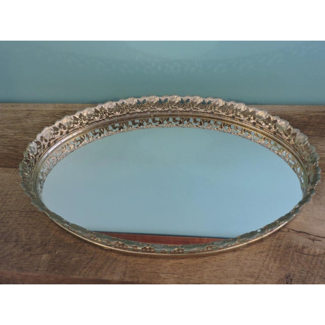 Vintage Metal Filigree Large Oval Mirror Vanity Tray Brass Finish For Sale In Minneapolis - Image 6 of 18