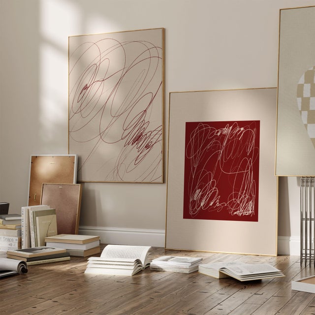 Set of 2 abstract open edition giclee prints by artist Anna Pepe. 20"x28" Elegant thin lines composition in beige and...