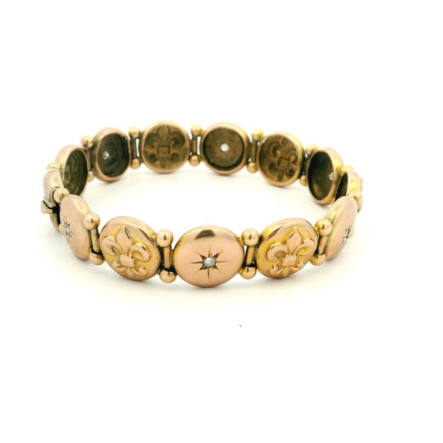 Victorian Circa 1900 Victorian 14k Rose Gold Diamond Fleur-De-Lis Bracelet For Sale - Image 3 of 13