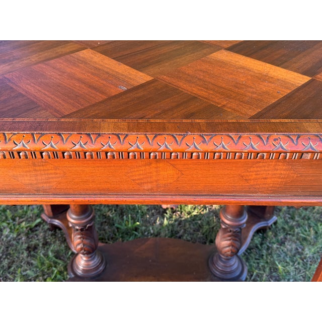 Fine Antique Early 1900s Victorian Mahogany Carved & Inlaid Marquetry Library Table For Sale - Image 17 of 18
