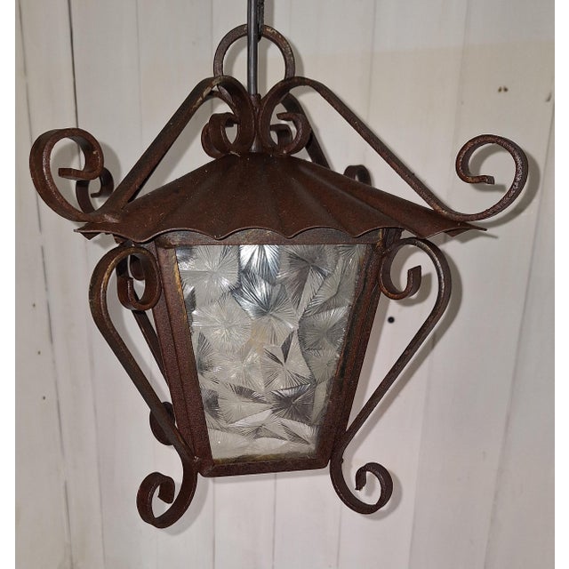 Metal Vintage Rustic Lantern-Shaped Ceiling Lamp with Black Iron Frame and Clear Relief Glass Panes, 1970s For Sale - Image 7 of 8