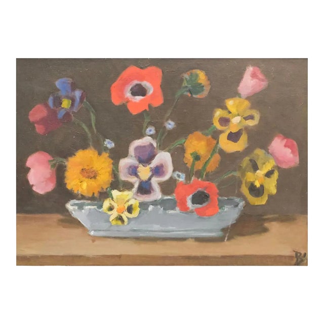 Mid Century 20th C American Oil on Canvas Board Painting Signed Flowers in a Vase Still Life Floral Gilt Wood Frame For Sale