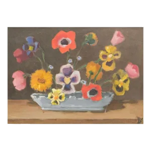 Mid Century 20th C American Oil on Canvas Board Painting Signed Flowers in a Vase Still Life Floral Gilt Wood Frame