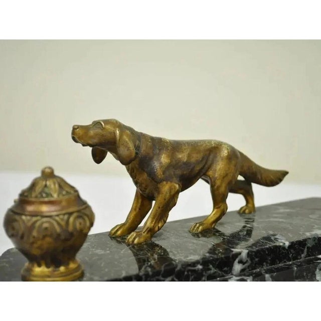 Traditional Antique French Empire Figural Bronze & Marble Hunting Dog Desk Double Inkwell For Sale - Image 3 of 11