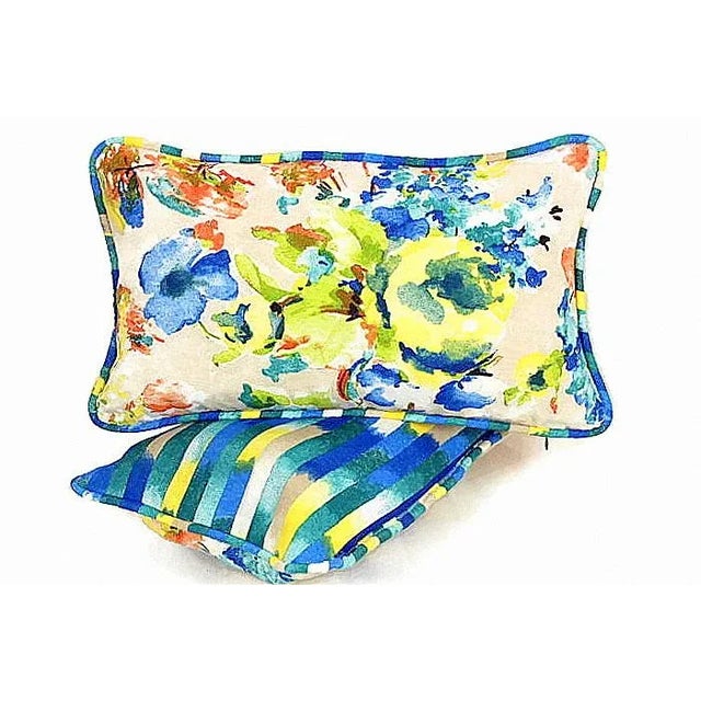 Vintage Pierre Frey Style Watercolor French Floral Reversible Lumbar Pillow With Piping For Sale - Image 6 of 13